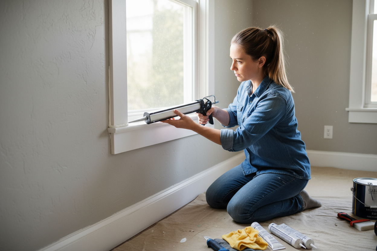 A woman caulking a window frame in her home