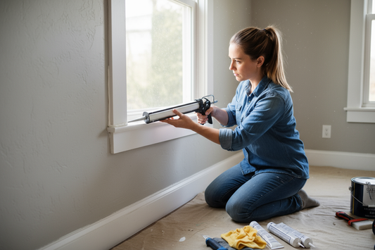 A woman caulking a window frame in her home