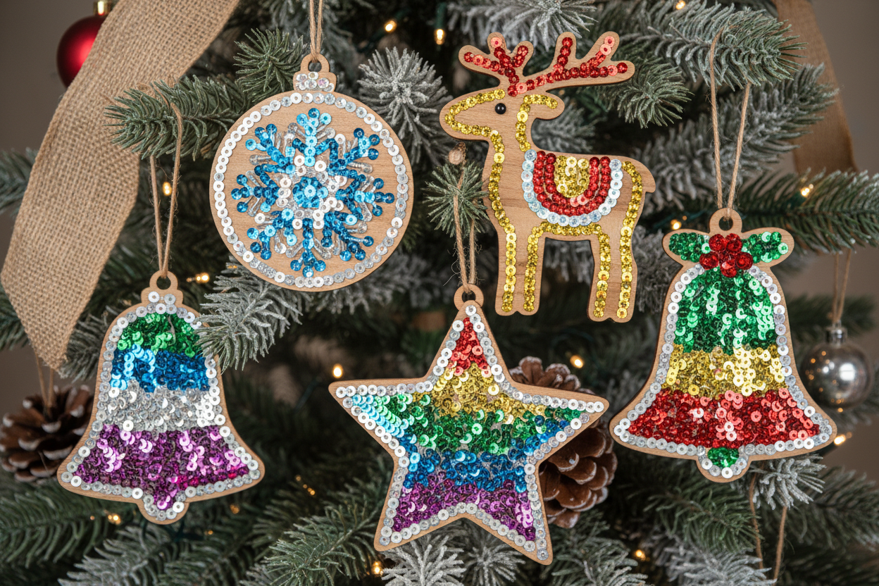 holiday ornaments made of wood with sequins